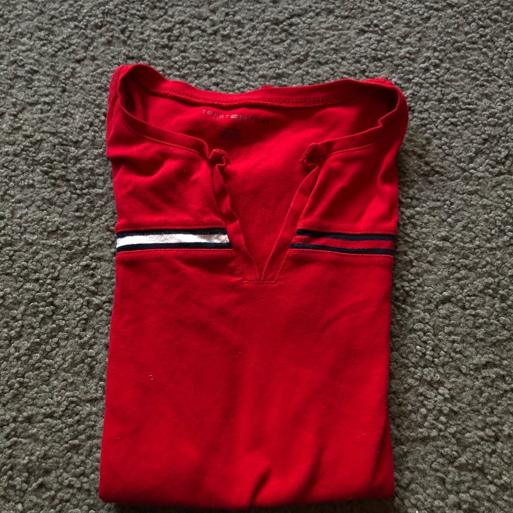 red tommy hilfiger top with knotch